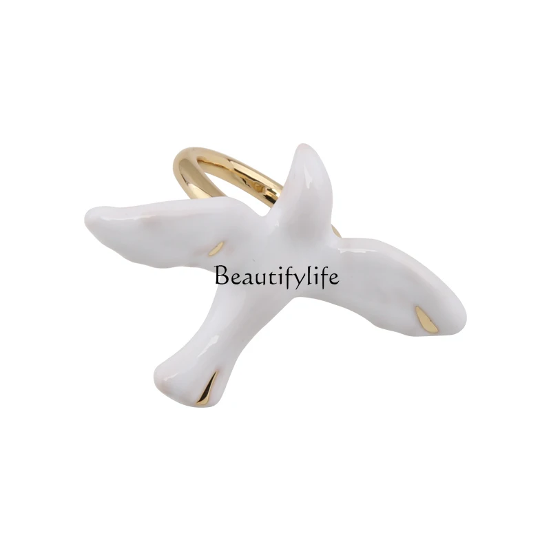 

Retro black and white enamel dripping oil peace dove opening light luxury unique bird ring