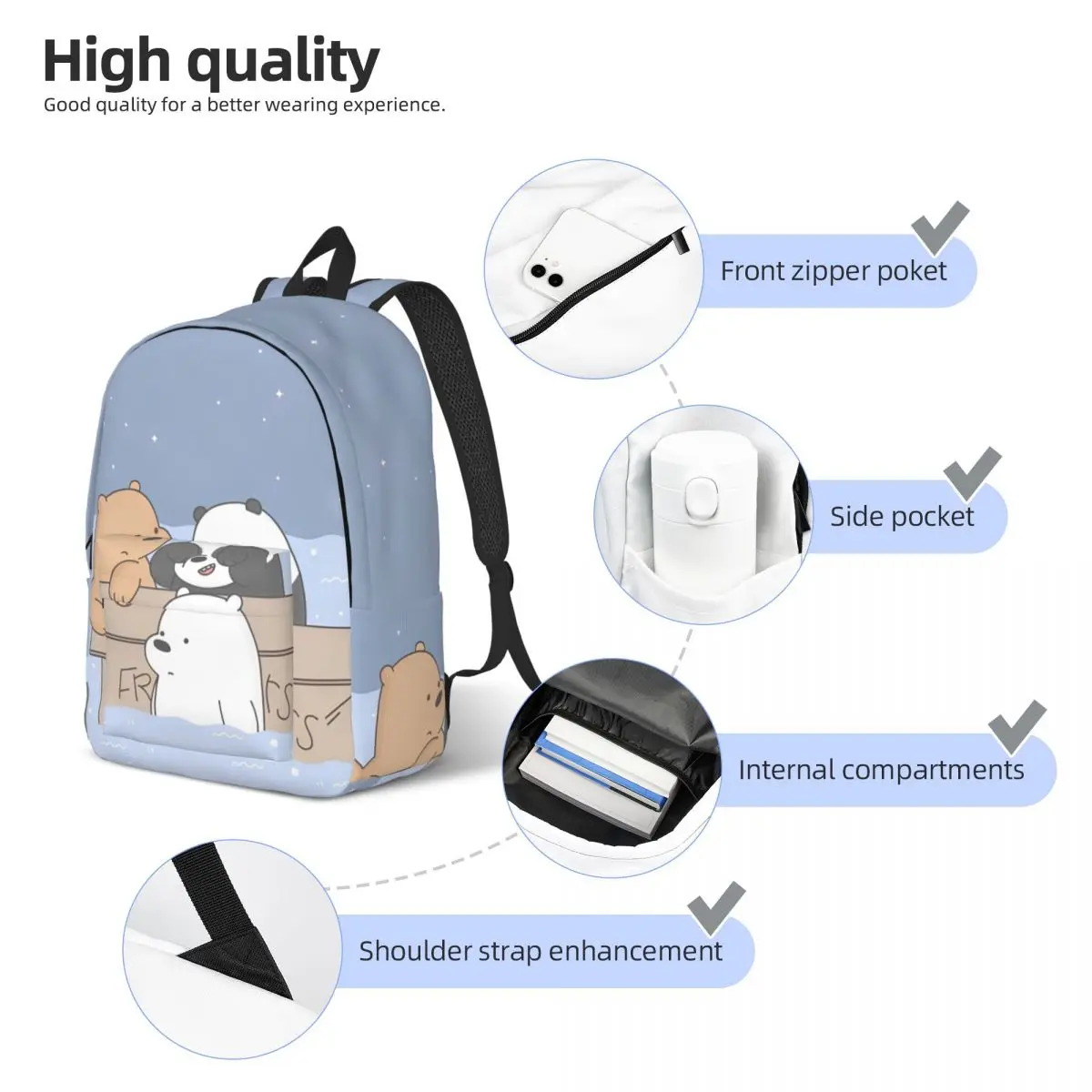 حقيبة ظهر We Bare Bears Kawaii Cartoon للرجال والنساء والطلاب والأعمال Daypack Grizzly Panda Ice Bear حقيبة كتف للكمبيوتر المحمول رياضية