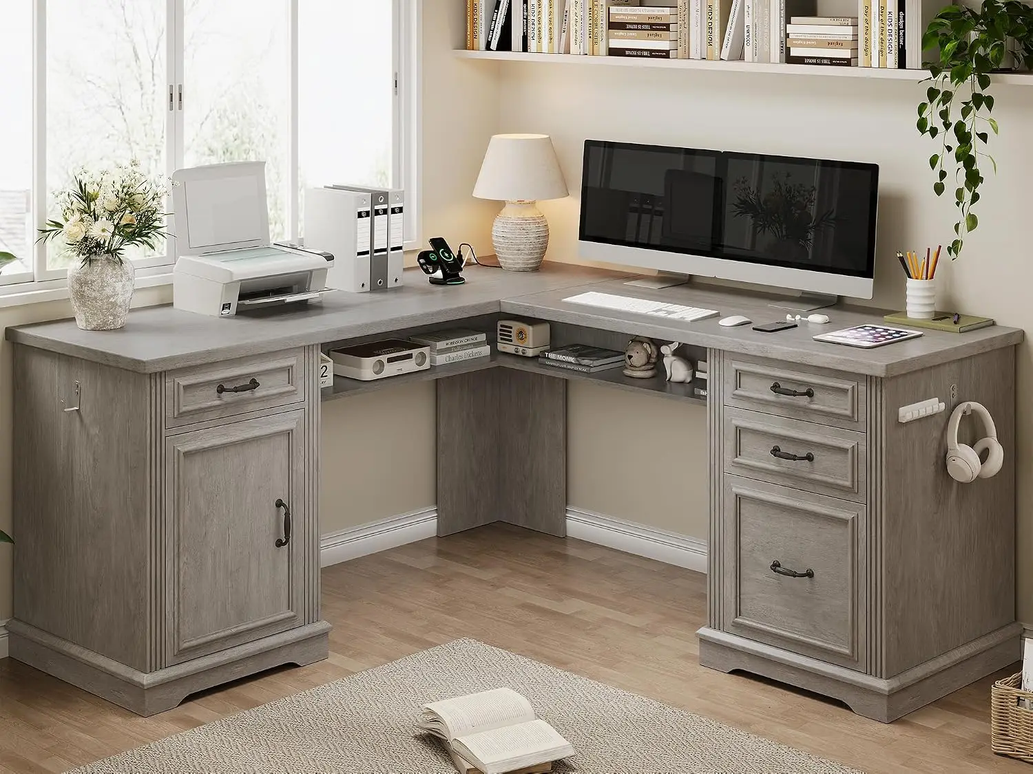 Farmhouse L Shaped Executive Desk 4 Drawers Home Office Hidden Under Desk Storage Shelf Charging Station File Cabinet Wood Corne