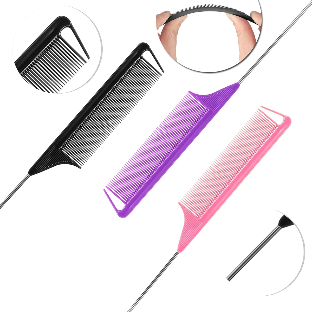 10 Pieces Hair Parting Comb Pin Tail Braids Hair Styling Beauty Tools Stainless Steel Handle Rat Tail Combs