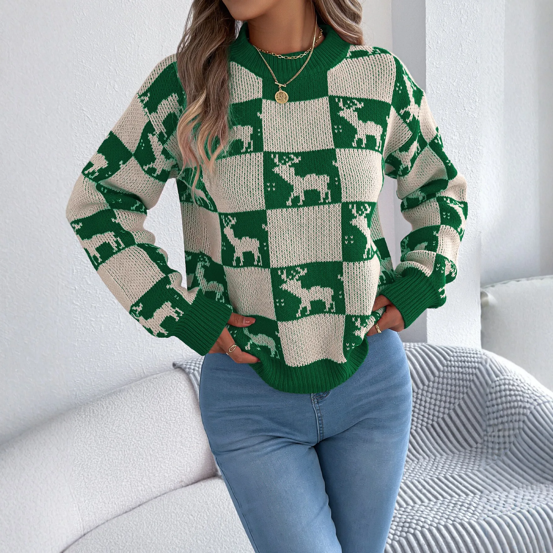 Women's Christmas Knit Pullover Sweater Autumn Winter Female Crew Neck Check Plaid Reindeer Pattern Loose Casual Sweaters Tops