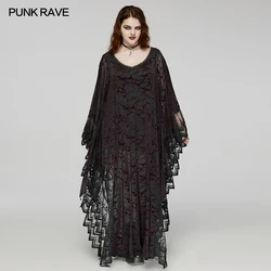 PUNK RAVE Gothic Elastic Knitted Large V-neck Bat Silhouette Dress Lace Flared Sleeves Party Club Black-red Long Dresses