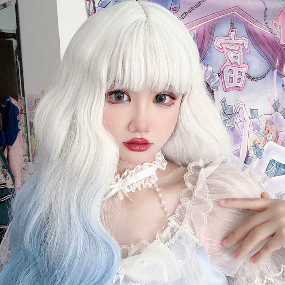 Long Curly Synthetic Wig White Gradient Light Blue Wavy Lolita Wig With Bangs Halloween Hair for Girls Cosplay Heat Resistant