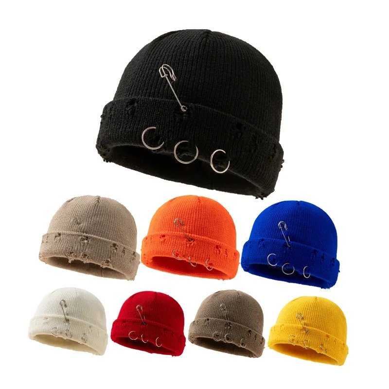 Distressed Cuffed Knit Beanie Metal Ring Safety Pin Ornament Y2K Punk Short Skull Hat for Music Festival Street Shooting Wear