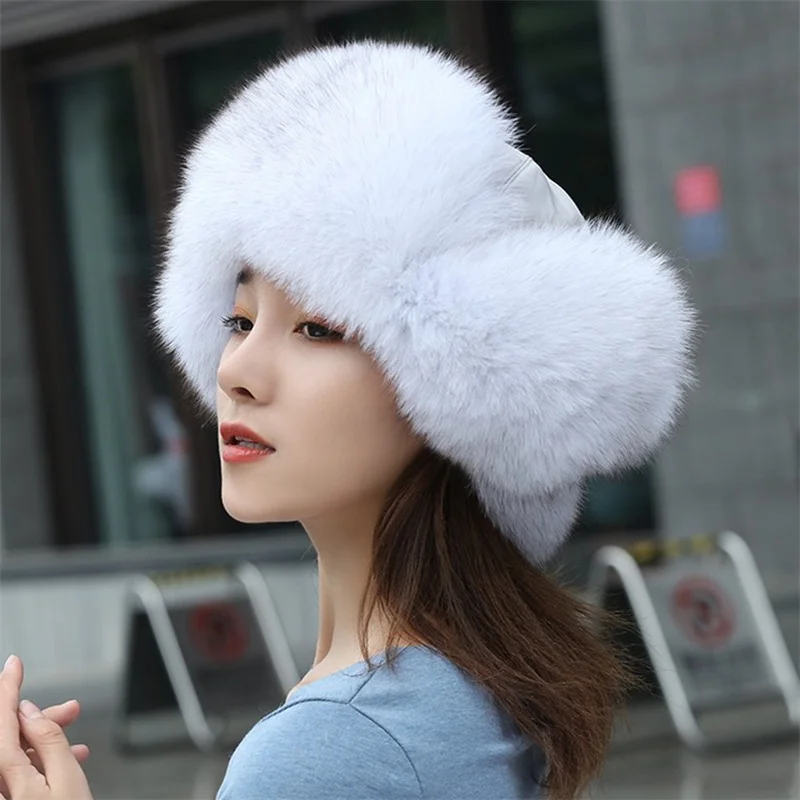 Winter Sales 100% Real Fox Fur Hat Russian Ushanka Aviator Trapper Snow Skiing Hats Earflap Fur Hats for Women High-quality Hat