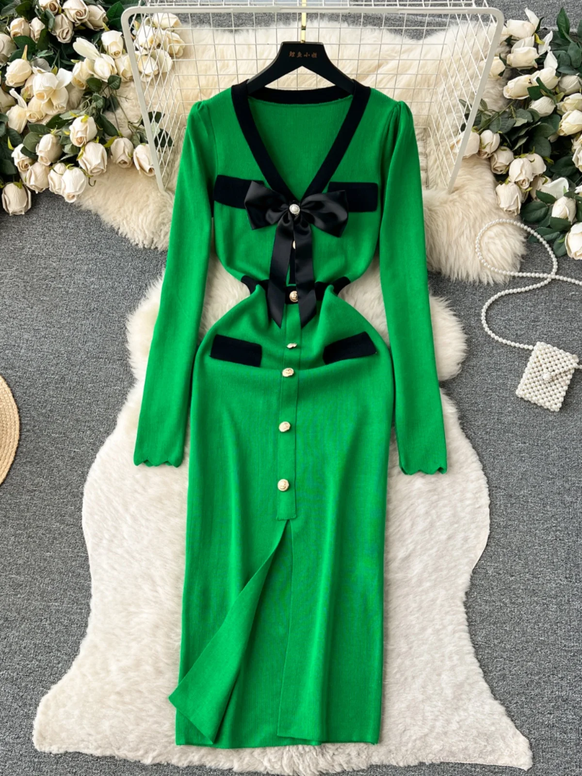 فستان طويل أنيق محبوك للنساء لفصلي الخريف والشتاء بخصر مرتفع وتصميم عقدة الفراشة، أسلوب خيالي فاخر، نسخة كورية للعمل