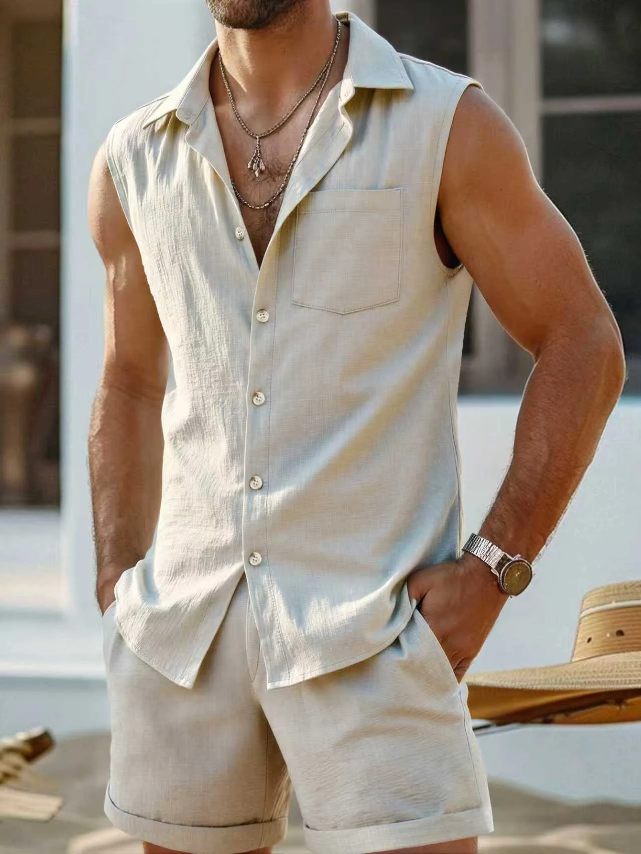 

Men's Business Sleeveless Shirt Shorts Set Breathable Slim Fit Clothes Spring Summer Casual Classic Big Pocket 2 Piece Mens Set