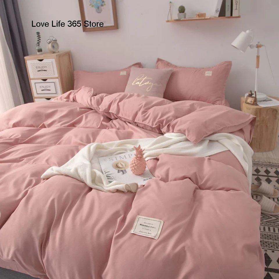 

Solid Pink Color Bedding Set Soft Polyester Flat Sheet Full Size For Male And Female Double-sided Availability Bedroom Decor