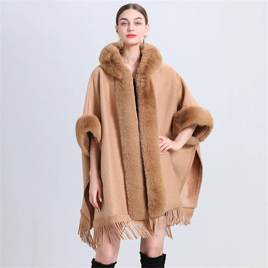 

Faux Fur Collar Overcoat Big Pendulum Batwing Sleeve Loose Cardigan Tassel Cape Women Winter Cloak Thick Poncho Coat With Hooded