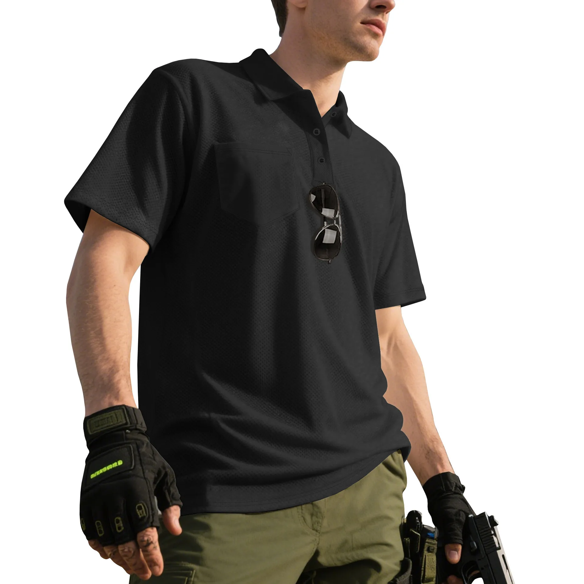 Men Outdoor Tactical Polo Shirt Short Sleeve Lapel Chest Pocket Mesh Breathable Quick‑Dry Casual Work Tee Tops