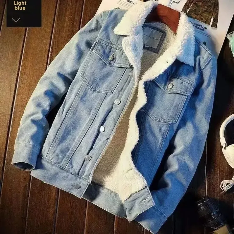 

Men's Vintage Denim Jacket American Style Loose-Fit Cotton Coat With Fleece Lining And Thickened Cotton Pad For Autumn/Winter