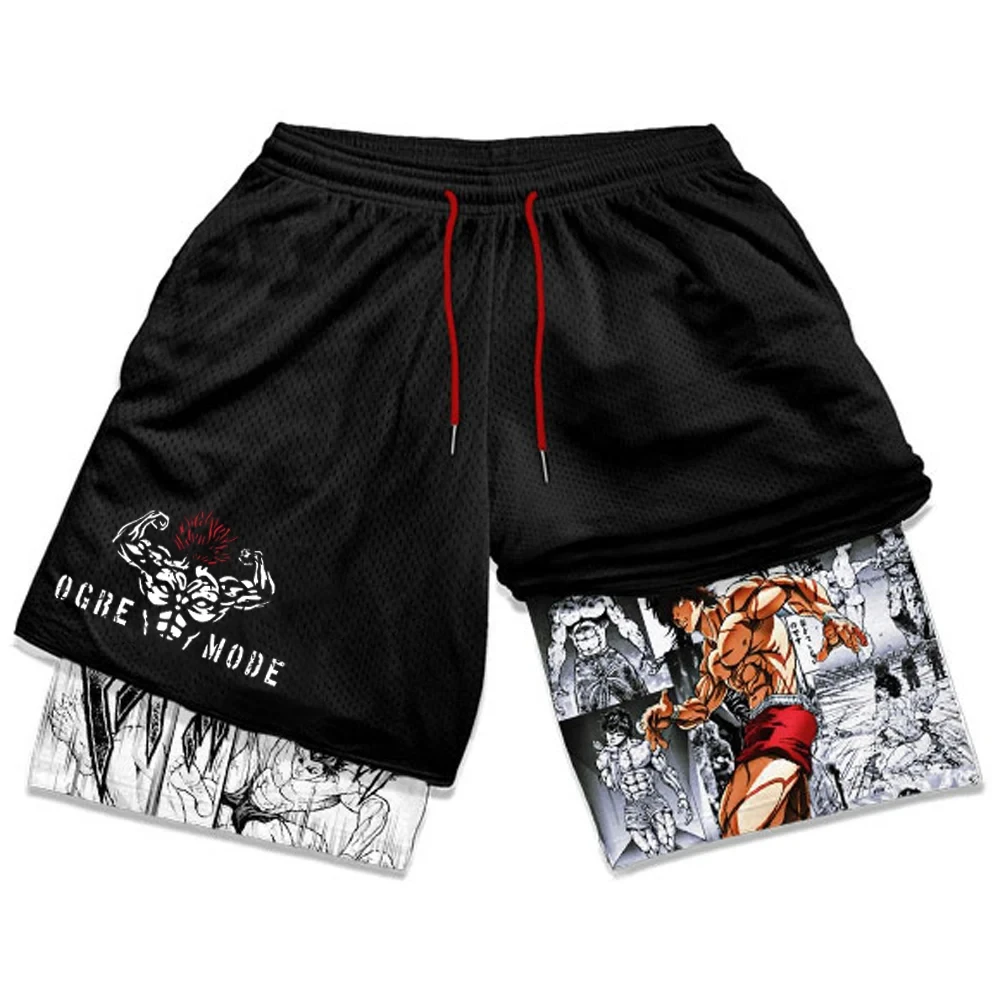 Men\'s Anime Hanma Baki Fitness Shorts Printed Black Double Layer 2 In 1 Quick-drying Shorts Fitness Running Sports Summer