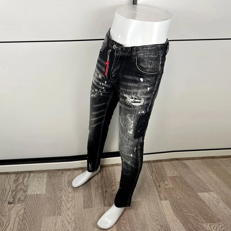 Street Fashion Men Jeans High Quality Retro Black Gray Stretch Skinny Fit Ripped Jeans Men Painted Designer Brand Vintage Pants - Image 3