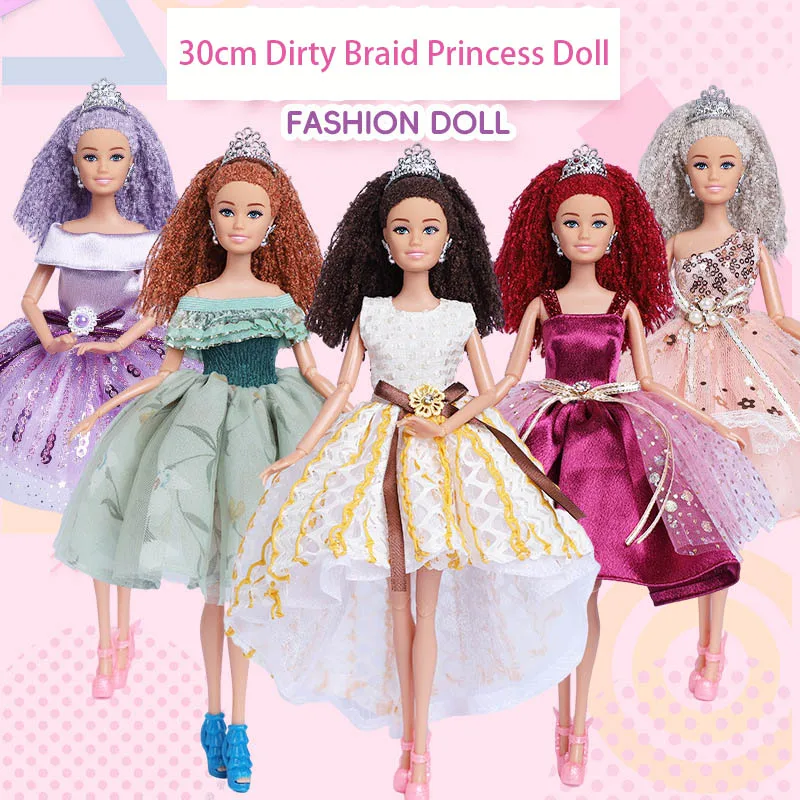 30 ซม.Cool สกปรก Braid เจ้าหญิงยุโรปตุ๊กตา 1/6 Joint Movable สีดําผิวพรรคลูกไม้ชุดเจ้าหญิงชุดแฟชั่น Play House ของเล่น
