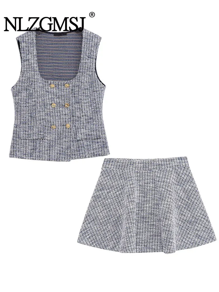 

2025 Summer Vintage Casual Women Plaid Suit O-Neck Single Breasted Vest Folds Short Skirt New Fashion Sets