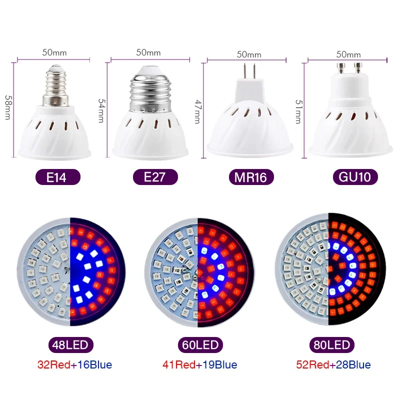 10pcs/lot LED Grow Light 220V E14 E27 MR16 GU10 Full Spectrum Bulb Plant Lamp Red Blue UV IR for Grow Tent Greenhouse Lighting