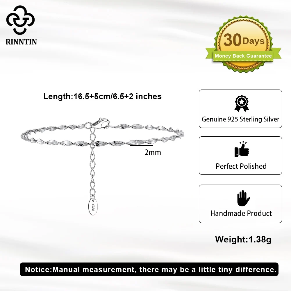 Rinntin 925 Sterling Silver Italian 2mm Width Double Layer Water Wave Chain Bracelet for Women Twisted Rope Chain Jewelry SB182