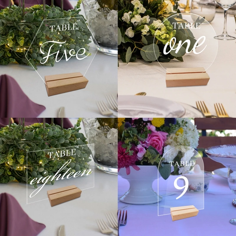 1 Juego de mesa transparente de acrílico, tarjeta de lugar y soportes de madera, cartel de mesa de boda, números, menú, marco de exhibición para banquete, fiesta, venta al por mayor