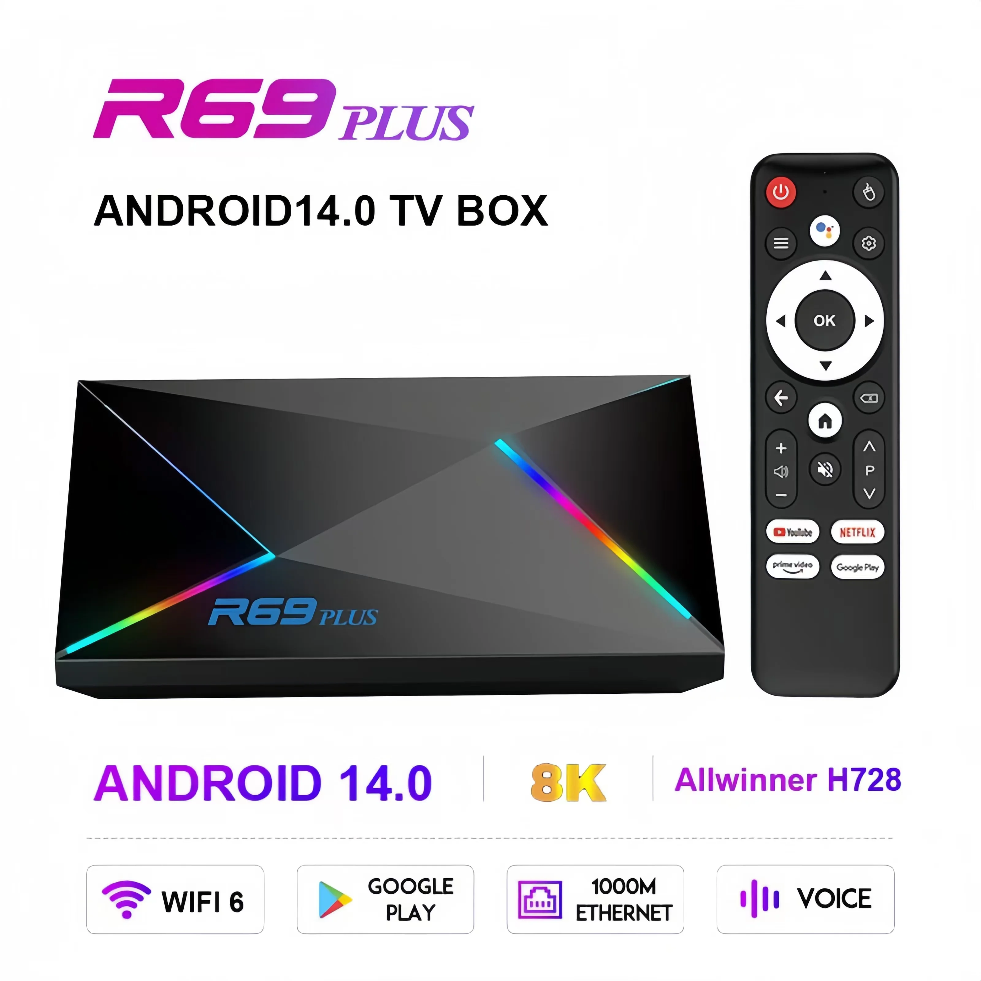 TV Box R69 Plus Android 14 8K UHD Allwinner H728 WIFI 6 1000M LAN BT5.0 Voice Control Google Assistant Streaming Device Top Box