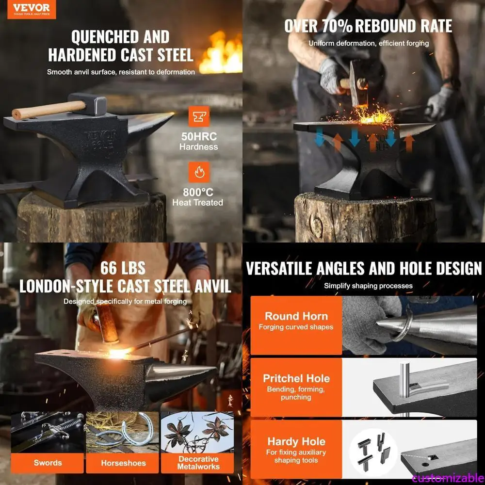 

VEVOR 66LB Single Horn Cast Steel Anvil - High Hardness, Rugged Round Horn for Blacksmithing, Large and Stable Countertop Base