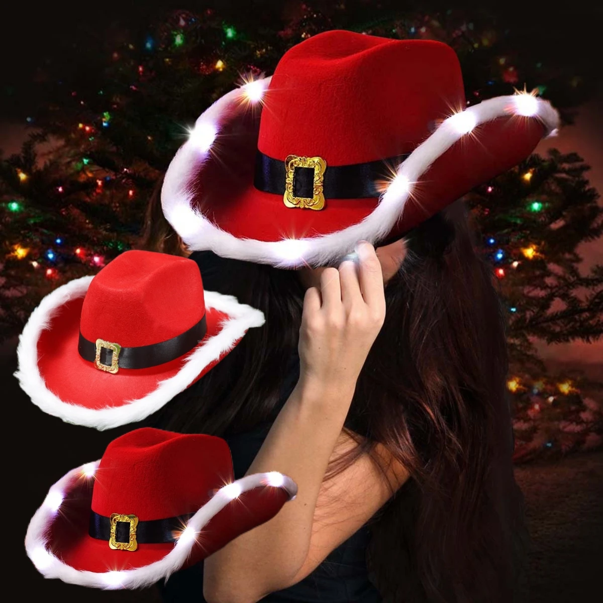 Light Up Santa Cowboy Hat Western Felt Cowgirl Hats with Lights Red Cowboy Hat with White Brim for Men Women Xmas Party Costume