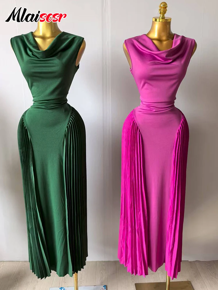 فستان Mlaiscsr خريفي جديد بدون أكمام مطوي أخضر طويل للمرأة نحيل عالي التمدد أنيق للسهرات وأعياد الميلاد #2