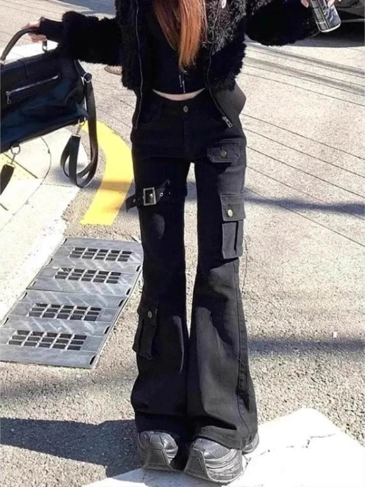 Preto sino inferior jeans para mulheres cintura alta vários bolsos calças retas 2025 primavera novo solto perna larga alargamento calças