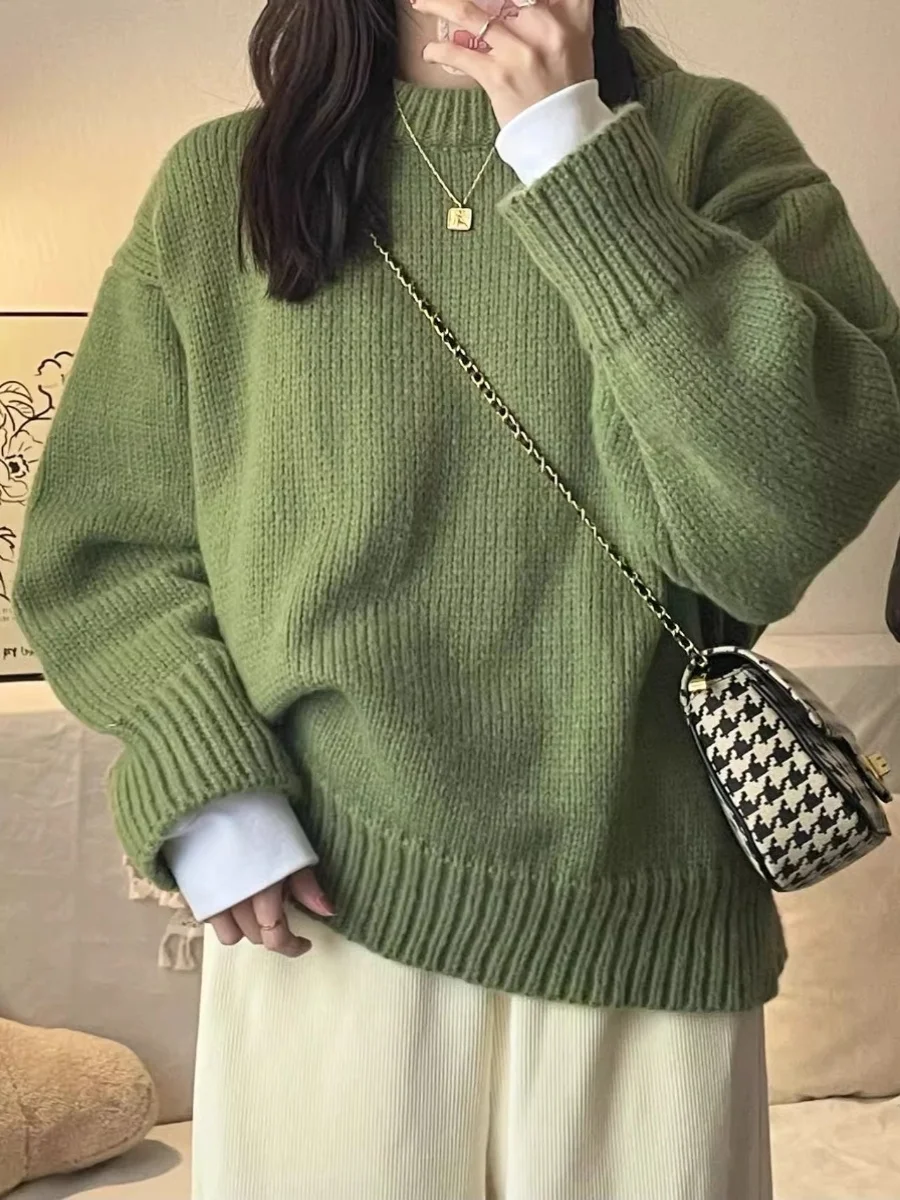 

Round Neck Loose Green Pullover Sweater For Women Autumn Winter New Thick Retro Japanese Lazy Style Interior Bottom Knitted Top