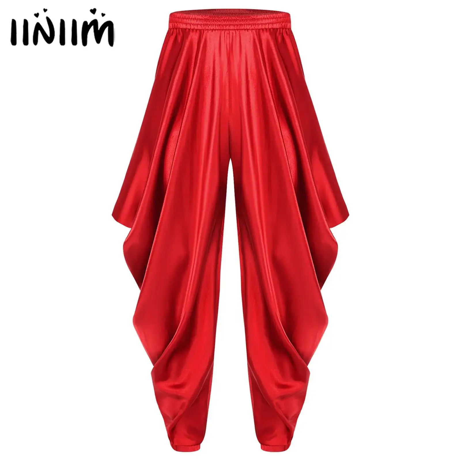 

Womens Arab Mythical Princess Fairytale Harem Pants Elastic Waistband Satiny Loose Trousers Halloween Arabian Cosplay Costume