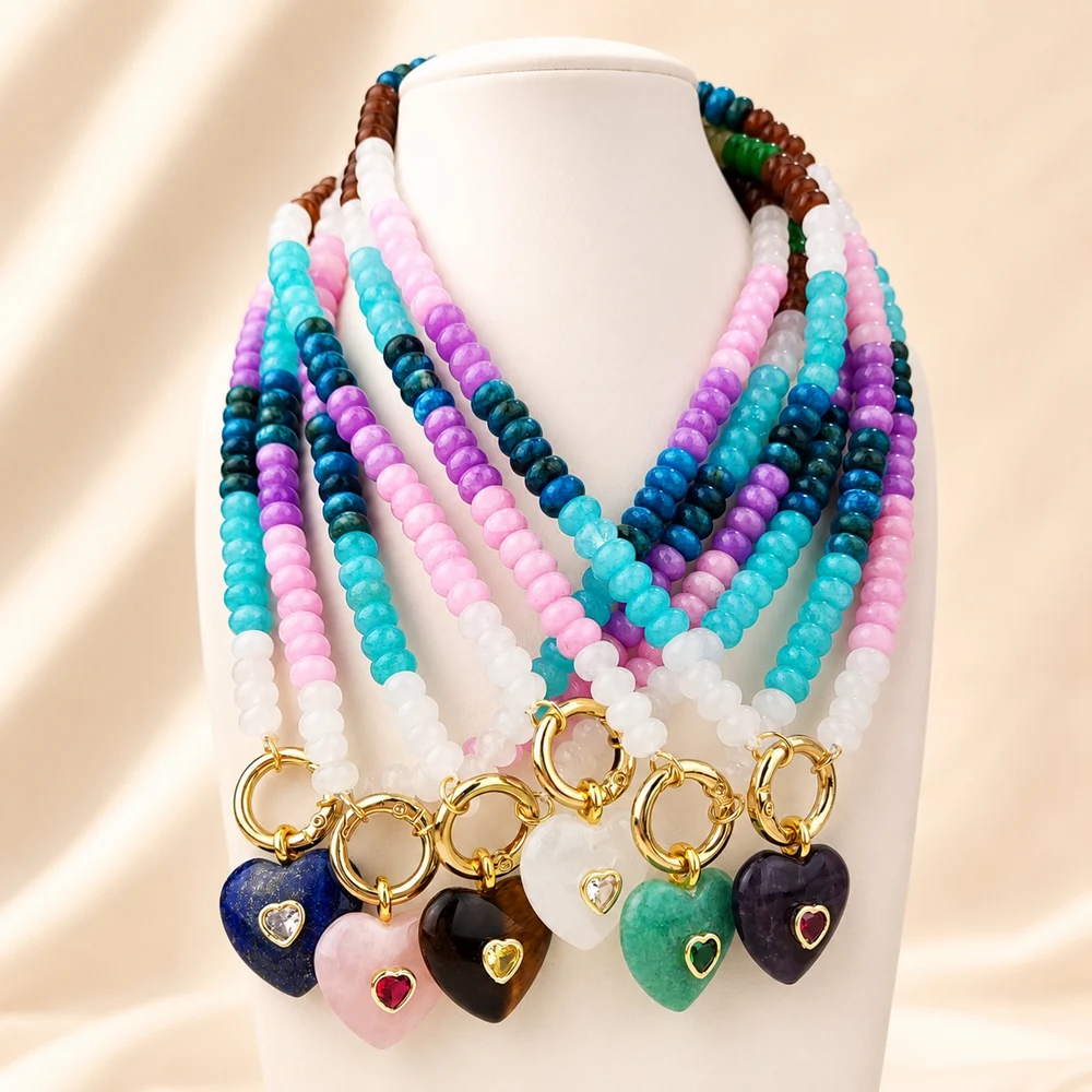 5*8mm Abacus Beads Natural Stone Necklace with CZ Heart-Shaped Pendant for Women Fashionable Jewelry