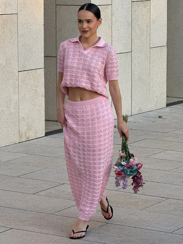 

Elegant Solid Knitted Maxi Skirt Set Women Chic Hollow Out Lapel Elastic Waist Short Sleeve Blouse Suit Summer Lady Party Outfit