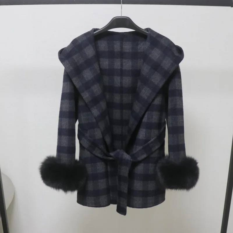 

Женское осенне-зимнее винтажное шерстяное пальто в клетку с капюшоном и поясом, женская элегантная уличная одежда, шерстяная верхняя одежда с длинными рукавами и манжетами из искусственного меха