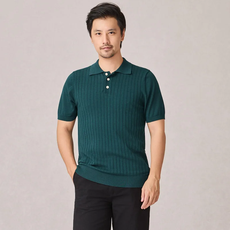 Knitted polo shirt men's summer high-end slim elastic short-sleeved mulberry silk ribbed t-shirt lapel knitted sweater