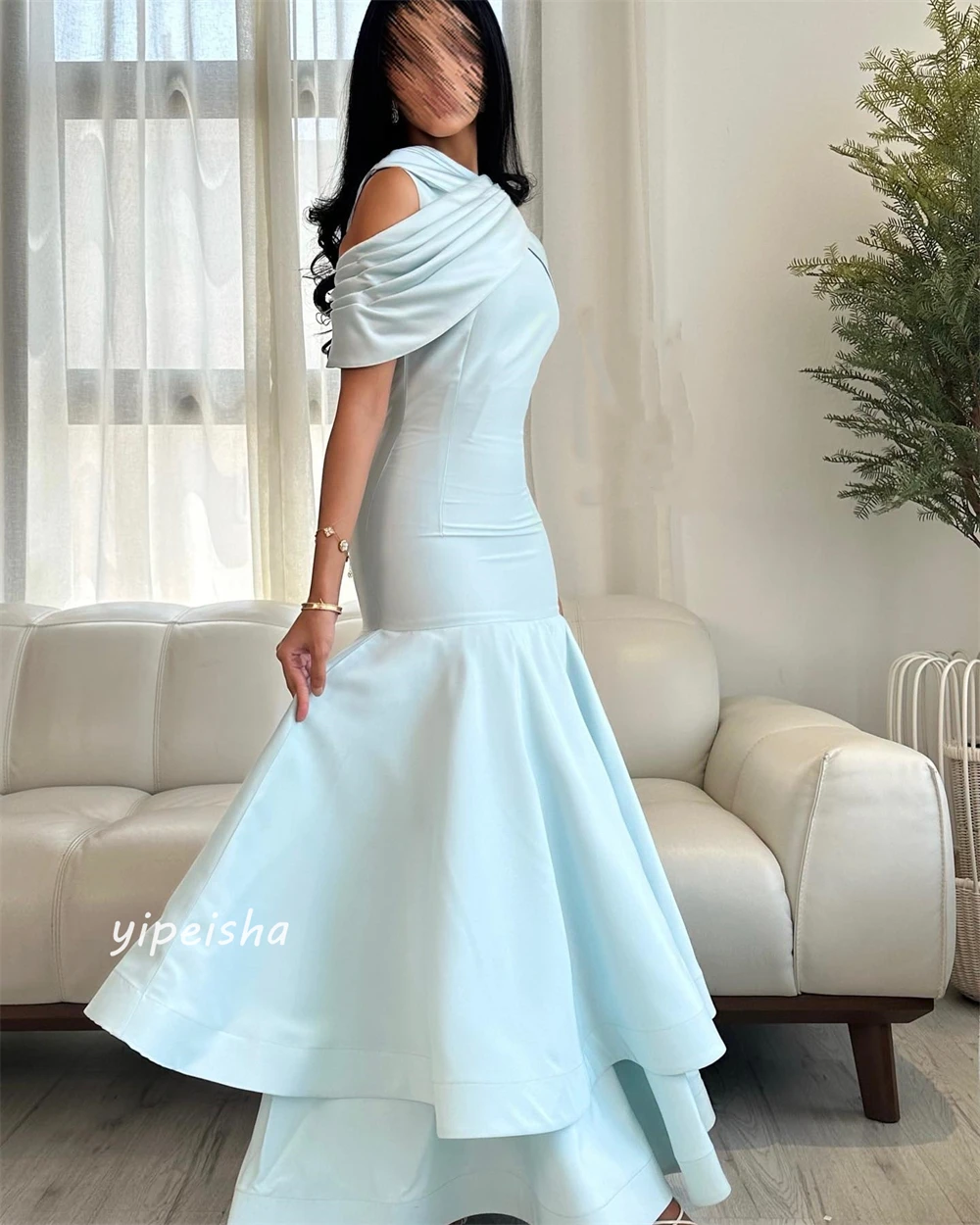 Customized Evening Saudi Arabia Jersey Draped Tiered Criss-Cross Cocktail Party Mermaid High Collar Bespoke Occasion Gown