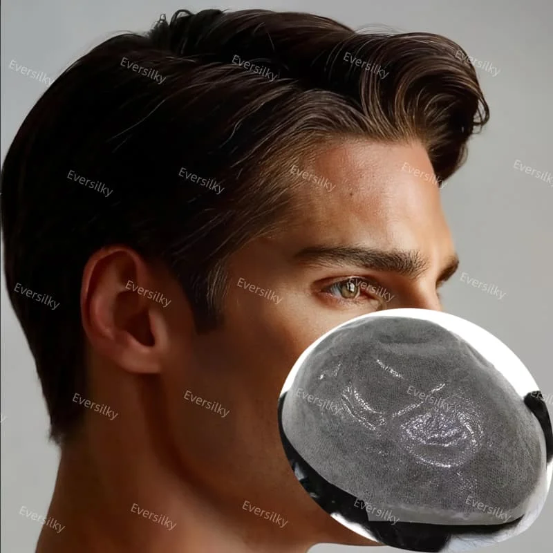 عالية الجودة غير مرئية 0.02-0.03mm رقيقة الجلد Fullpu ذكر شعر مستعار الرجال الشعرية الاصطناعية 90% الكثافة استبدال هيربيسي الطبيعي