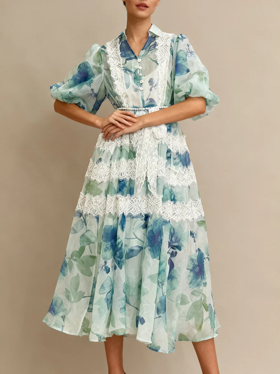 VGH Abito casual con stampa a catena di perle impiombate per donna Risvolto Manica lunga Manica a sbuffo Vita alta Abiti in maglia trasparente di pizzo Donna Nuovo