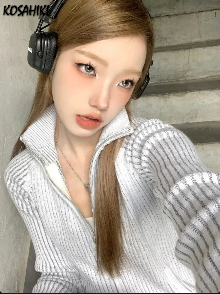 Vintage Zip Up Cardigan Womens Coats Korean Knitted Streetwear Stand Collar Sweaters 2024 Slim All Match Striped Y2k Jackets