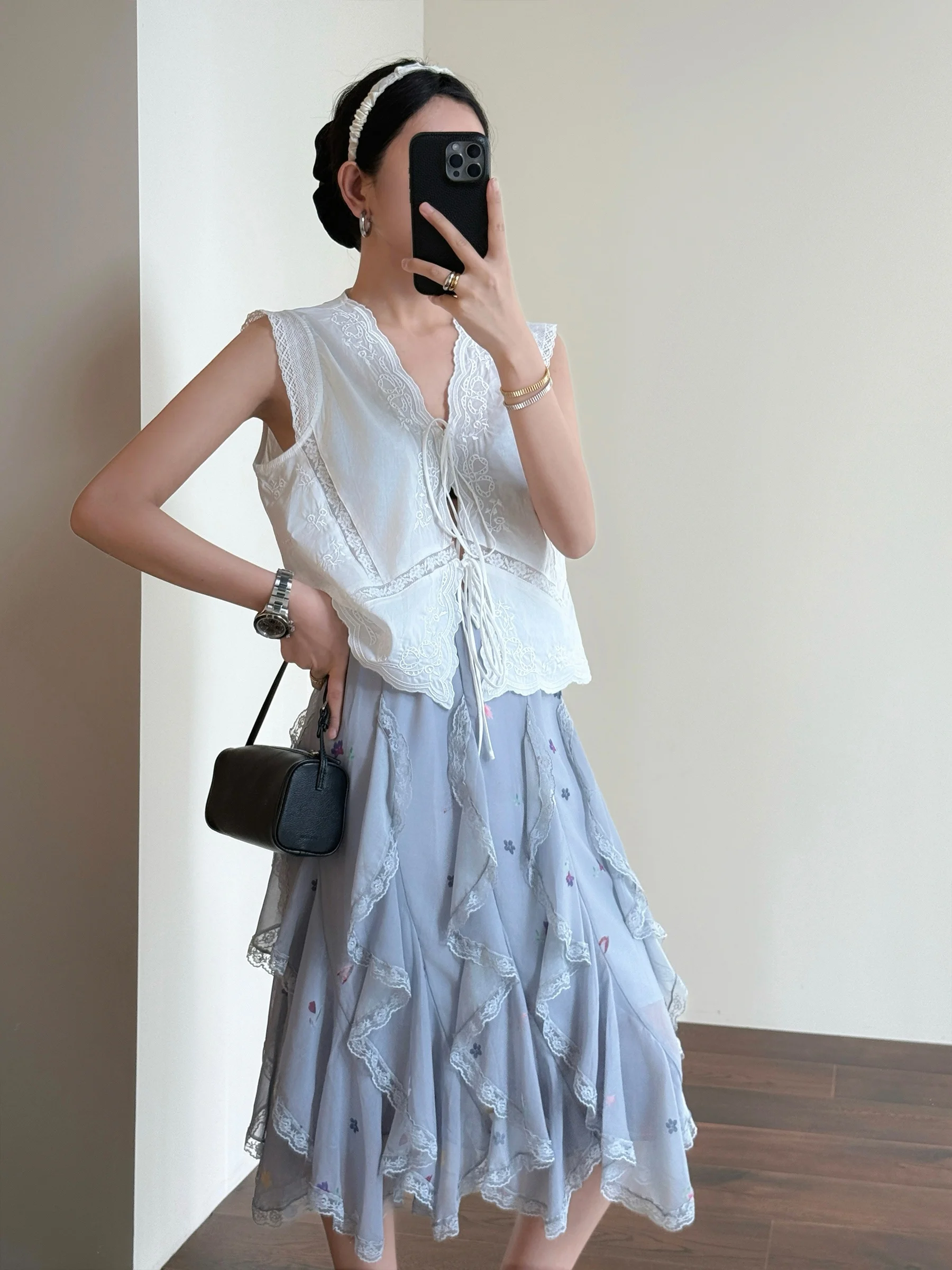 

Tasyavan Sweet Spicy Pure Desire Embroidered Sleeveless Vest And Lace Patchwork Half Skirt Set Women's Fashion Summer Outfit