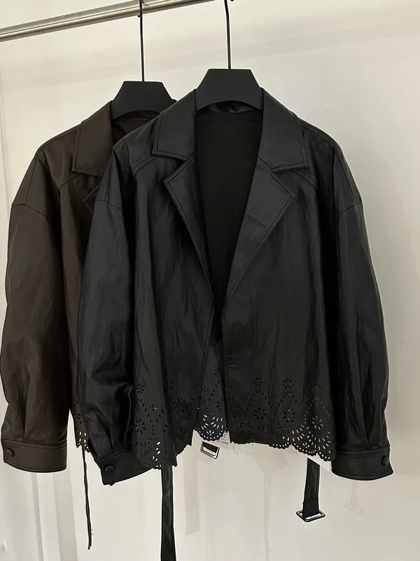 Casual PU Leather Jacket Women's Trendy Spring Autumn New Arrival Embroidered Hollow out Belted Suit Collar Long Sleeve Zipper