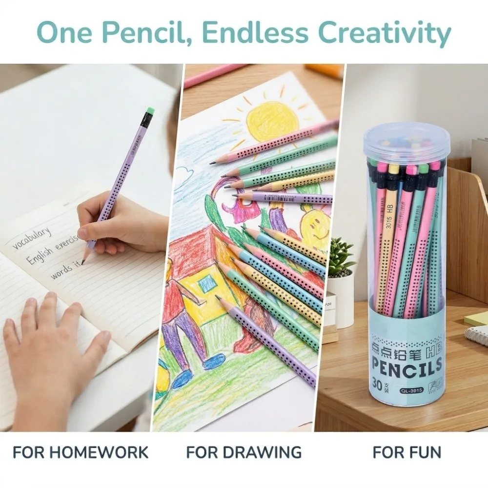 30PCS Smooth Writing Wooden Triangular Pencils Triangular Grip Non-slip HB Pencil Set HB Pencils with Eraser Preschoolers