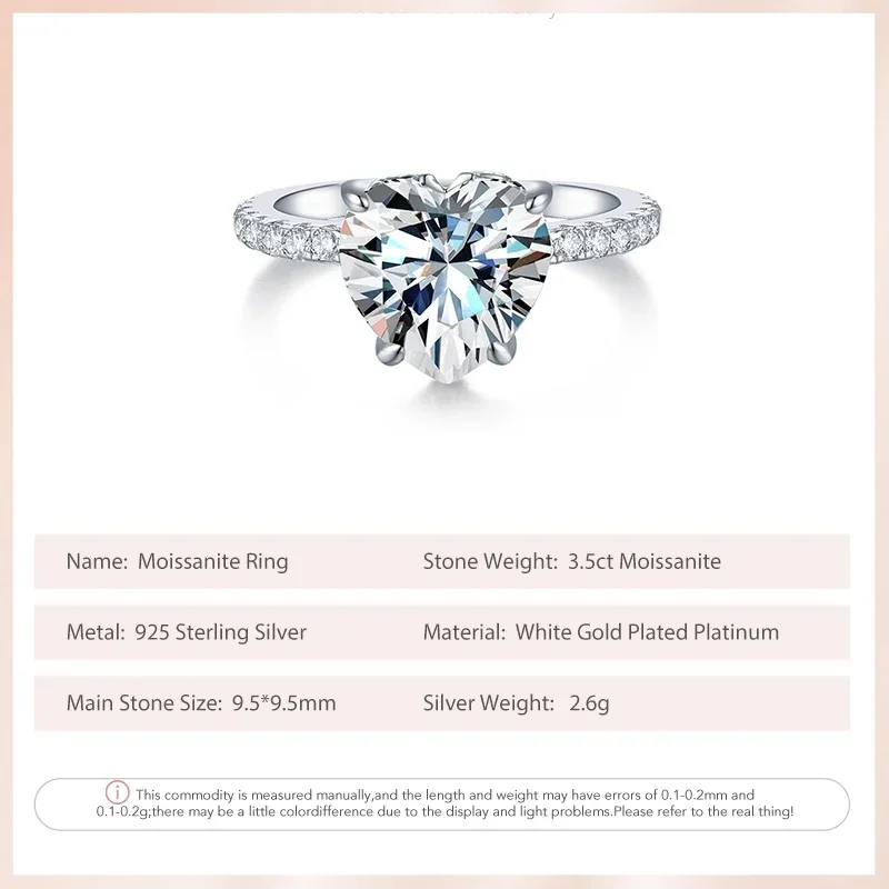 Follow Cloud 3.5 Carats 9.5*9.5mm Heart Cut Moissanite Diamond for Women 925 Sterling Sliver Plated Wedding Band 18k White Gold