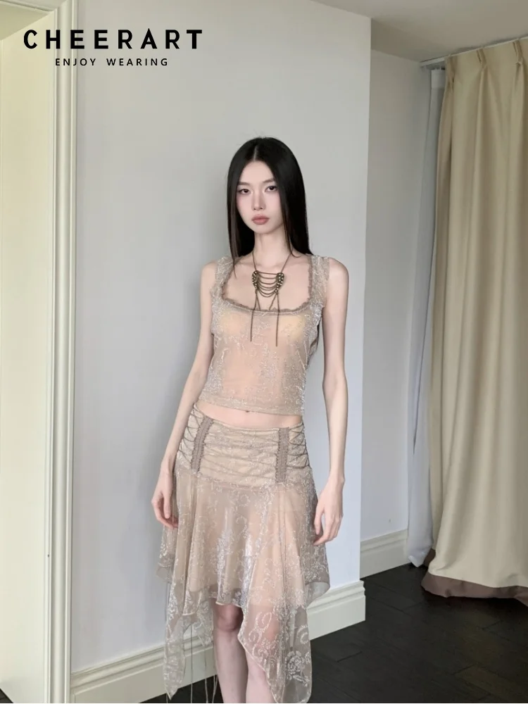 

CHEERART Glitter Nude Designer 2 Pieces Set For Woman Elegant Summer Outfits Mesh Tank Top And Skirt Matching Sets Clothing