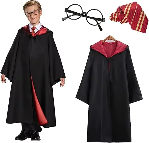 Children Halloween Costume,3PCS Wizard Costume,School Uniform Wizard Robe With Tie Scarf Wizard Fancy Dress,boy Cosplay Costume