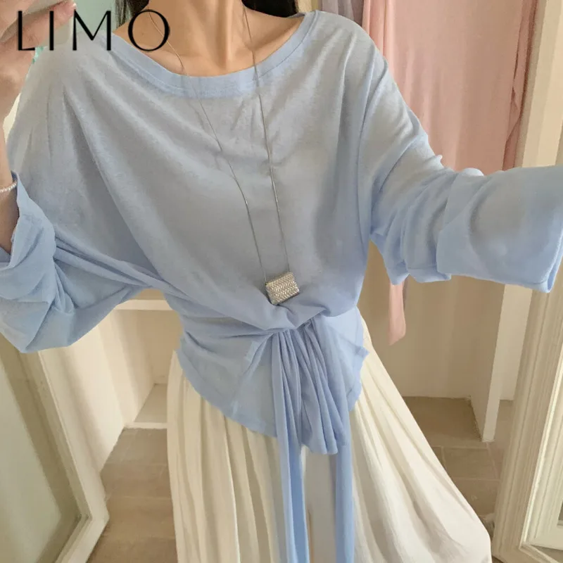 

LIMO Elegant Long Sleeve Sun Protection Tshirt Women Casual Loose Blouse Tie Waist Slim Fit Solid Color Basic Top