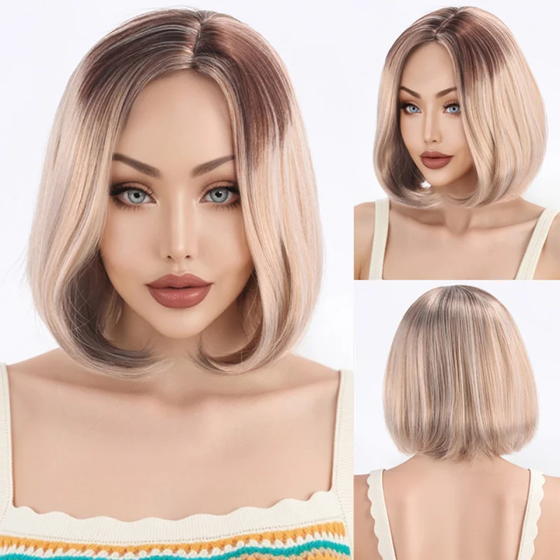 

Everyday fashion medium-parted gradient platinum mixed color highlights shoulder-length short straight bob hairstyle