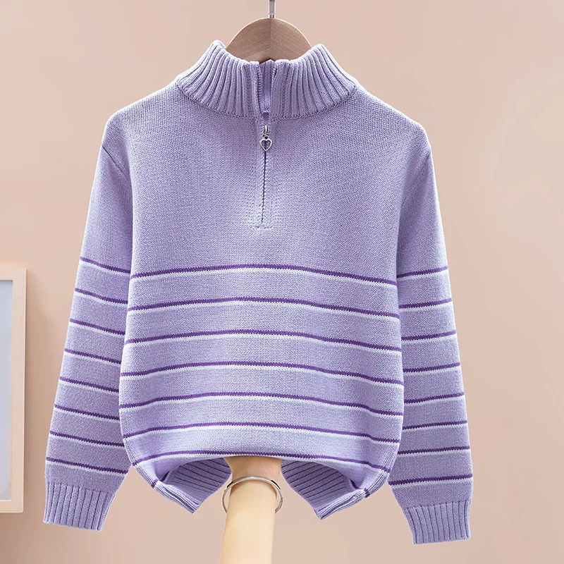 2026 New Children's Sweater Autumn Winter Striped Design Kids Half Zipper Warm Pullovers For Teen Girls 4-15 Years Clothes