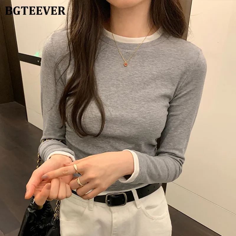 BGTEEVER Casual Slim Women Patchwork Tees Autumn Winter Fashion Long Sleeve Female Skinny Pullovers T-shirts Ladies Basic Tops