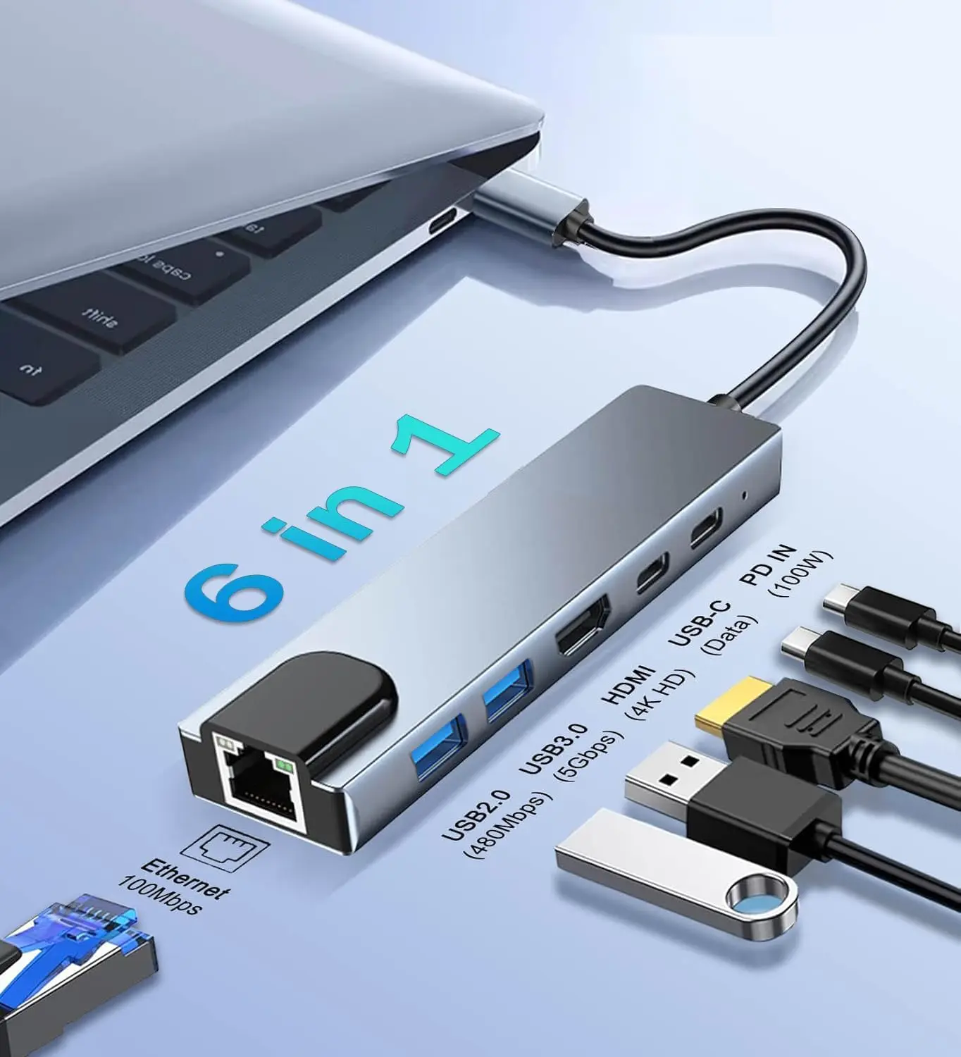 5 peças 6 em 1 hub usb c com 4k hdmi 100w pd gigabit ethernet 3 portas usb para macbook ipad dell xps adaptador universal de superfície