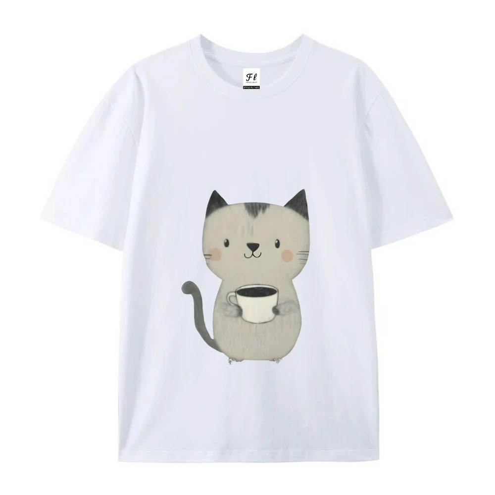 Camiseta gráfica Coffee Kitty para mujeres y hombres, estilo Retro Y2K a la moda, Color cómodo, Top de verano de gran tamaño, transpirable