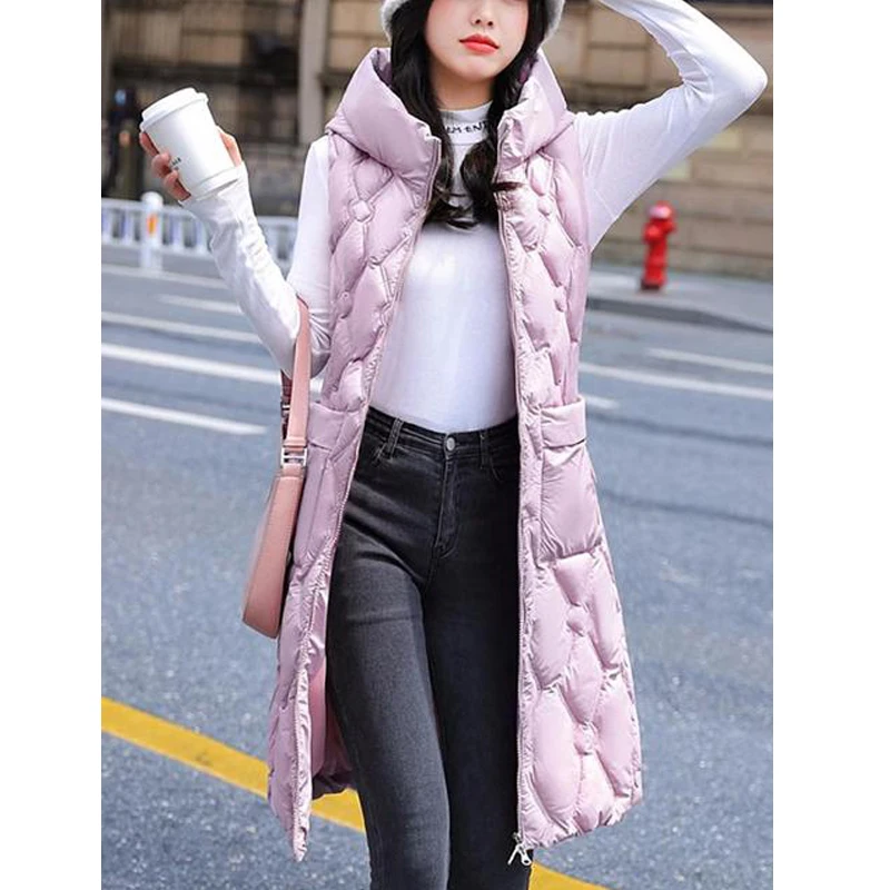 

New Fashion Winter Women Warm Vest Jacket Long Waistcoat Slim Sleeveless Jacket Coats Female Down Cotton Hooded Vests